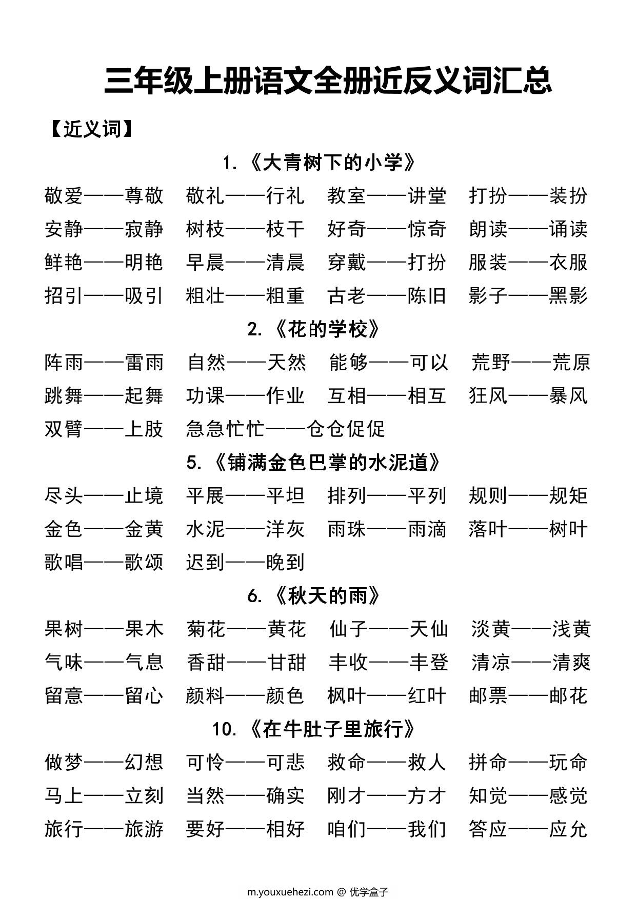 图片[1]-三年级上册语文全册近反义词汇总，7页PDF电子版-优学盒子