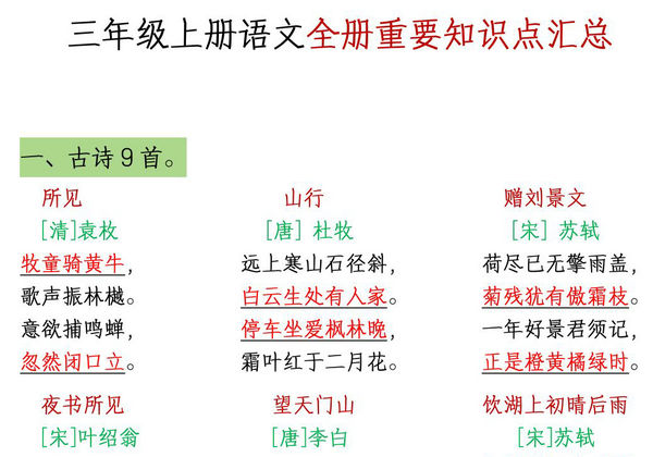 三年级上册语文全册重要知识点汇总，9页PDF电子版-优学盒子