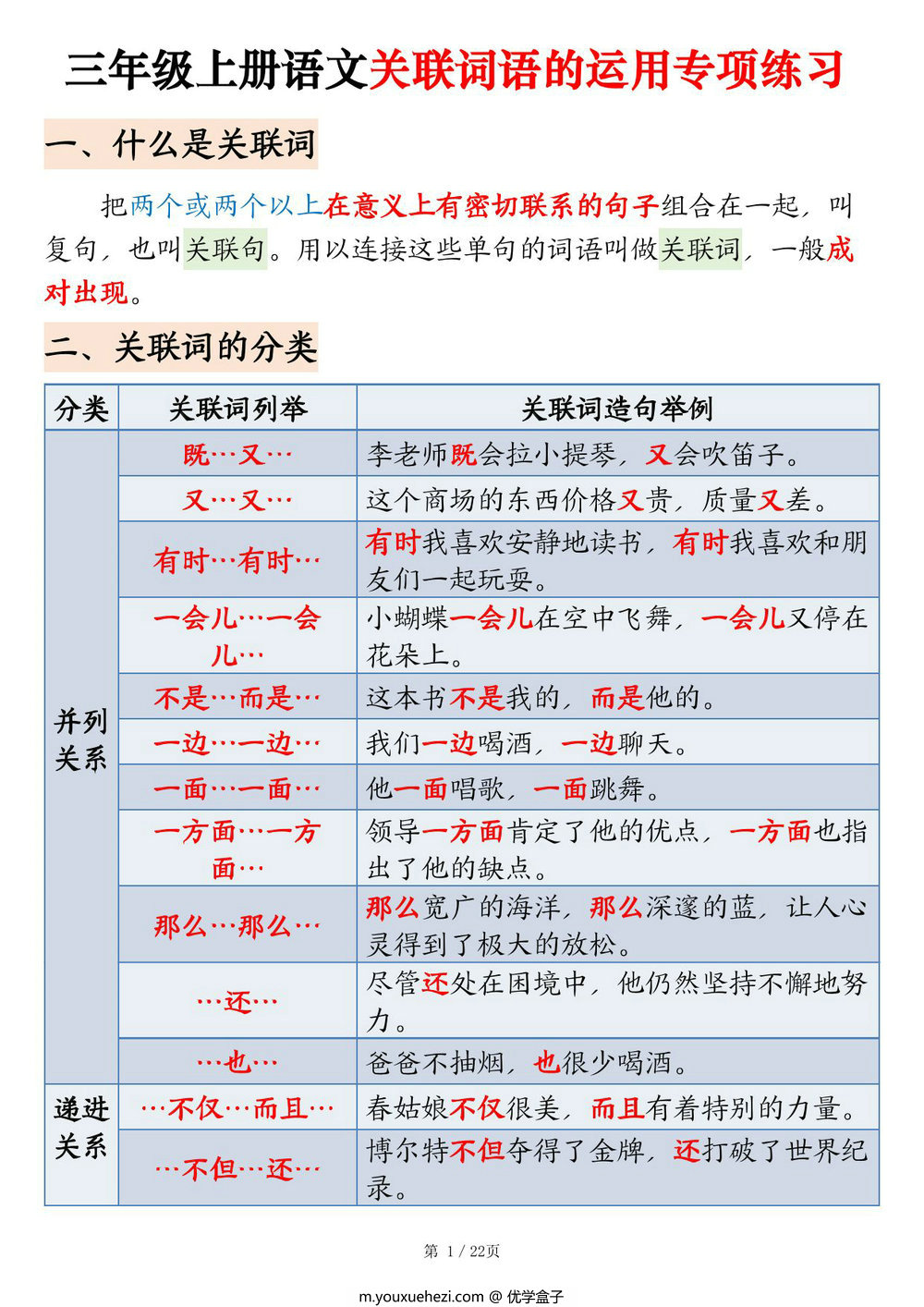 图片[1]-三年级上册语文关联词语的运用专项练习（练习+答案），22页PDF电子版-优学盒子