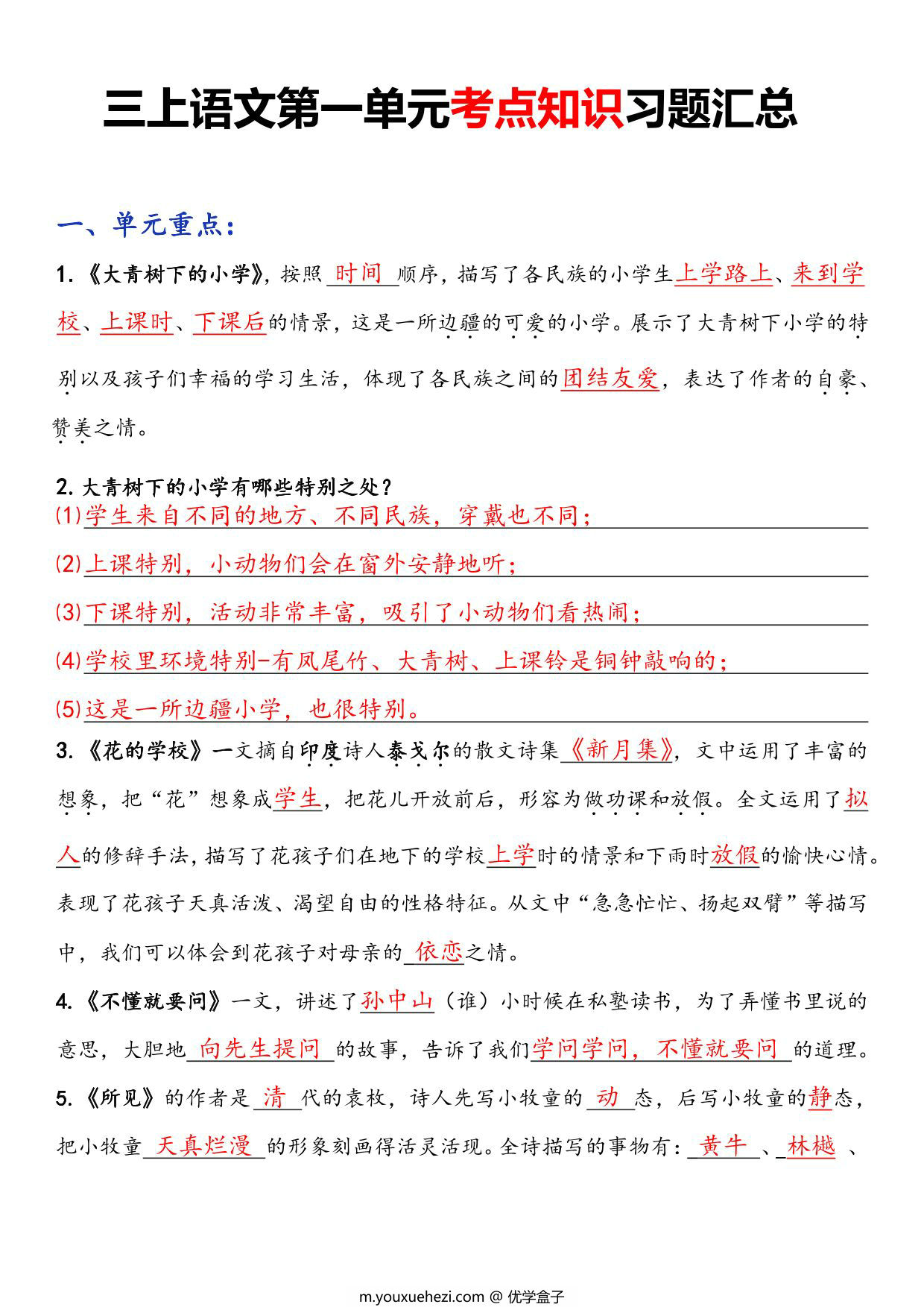图片[1]-三年级语文上册第一单元考点知识习题汇总，7页PDF电子版-优学盒子