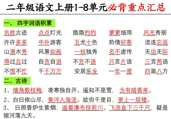 二年级上册语文1-8单元必背重点汇总，5页PDF可打印-优学盒子