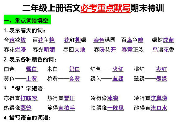 二年级上册语文必考重点默写期末特训，7页PDF电子版-优学盒子