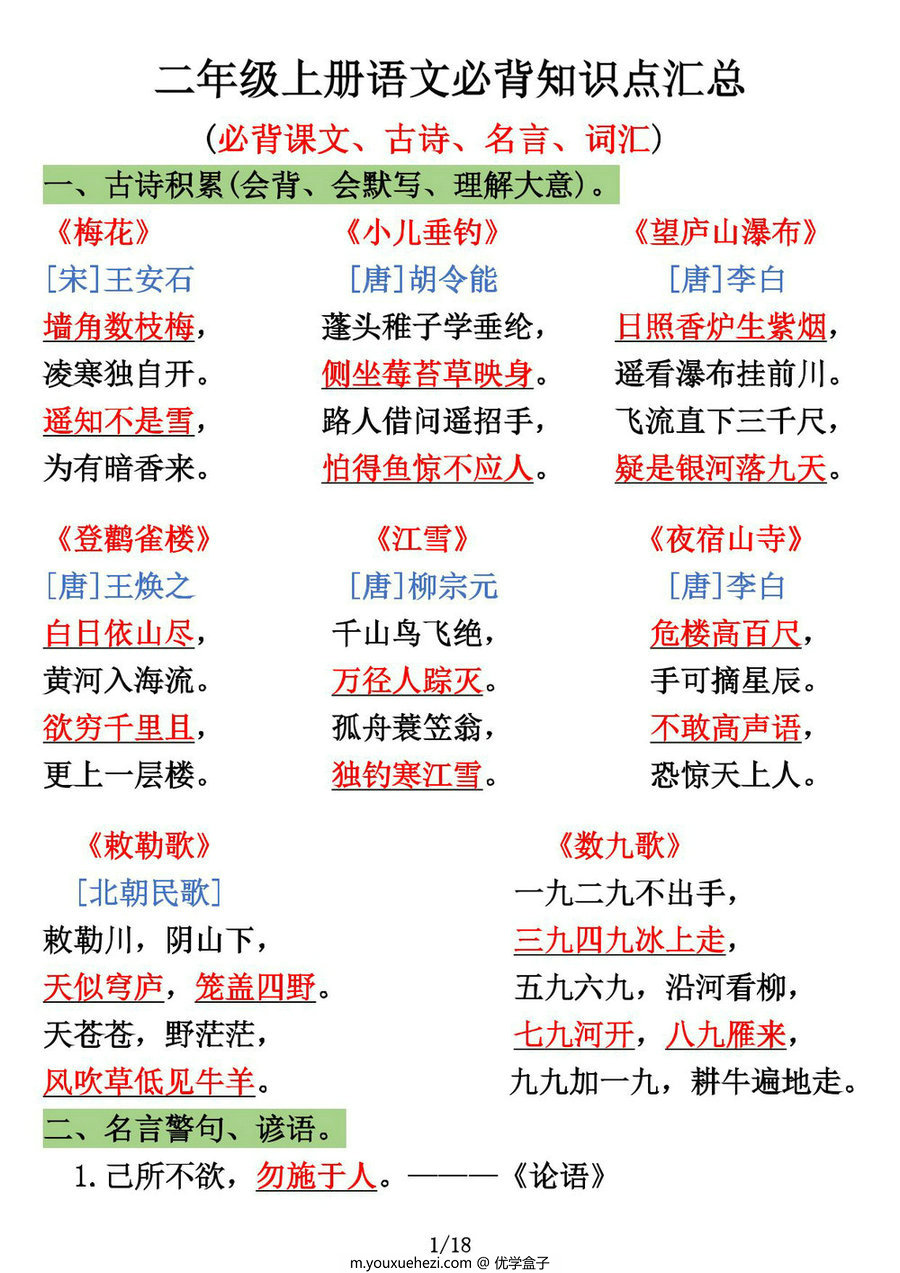 图片[1]-二年级上册语文必背知识点汇总 (必背课文、古诗、名言、词汇)，18页PDF电子版-优学盒子