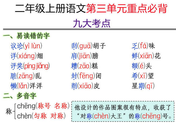 二年级上册语文第三单元重点必背九大考点，3页PDF电子版-优学盒子
