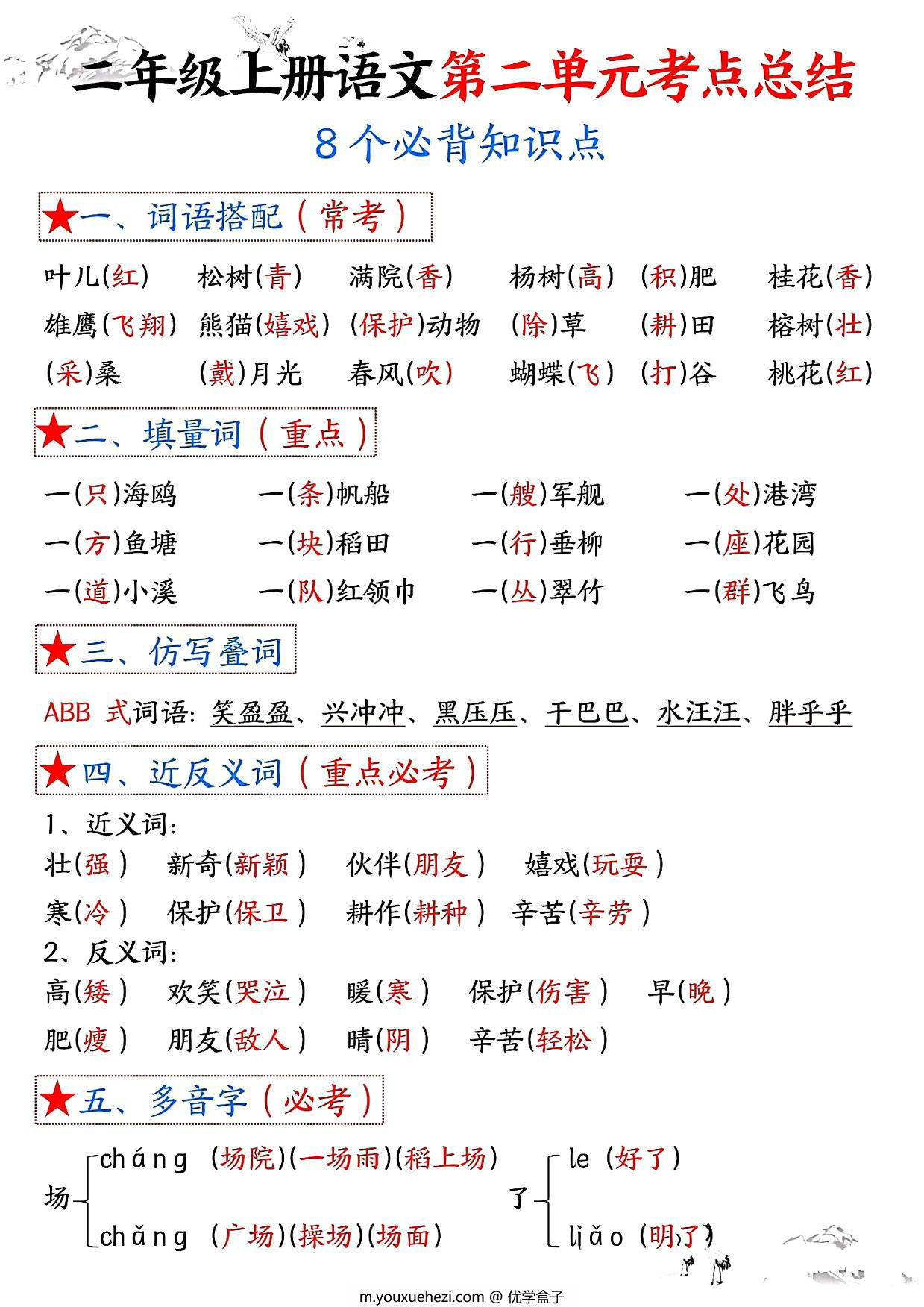 图片[1]-二年级上册语文第二单元考点总结8个必背知识点（含空白版），4页PDF可打印-优学盒子