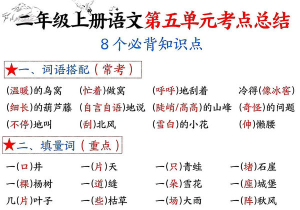 二年级上册语文第五单元考点总结8个必背知识点（含空白版），4页PDF电子版-优学盒子