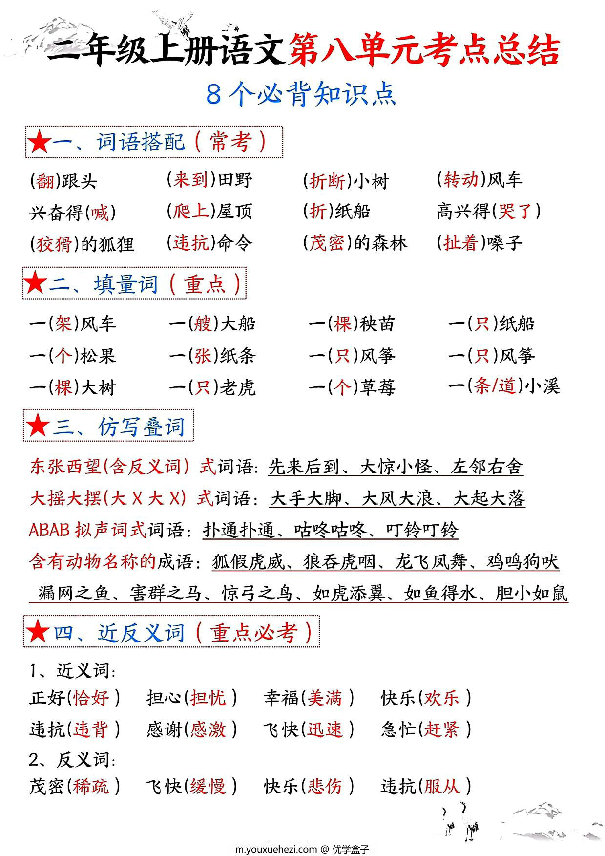 图片[1]-二年级上册语文第八单元考点总结8个必背知识点（含空白版），4页PDF可打印-优学盒子