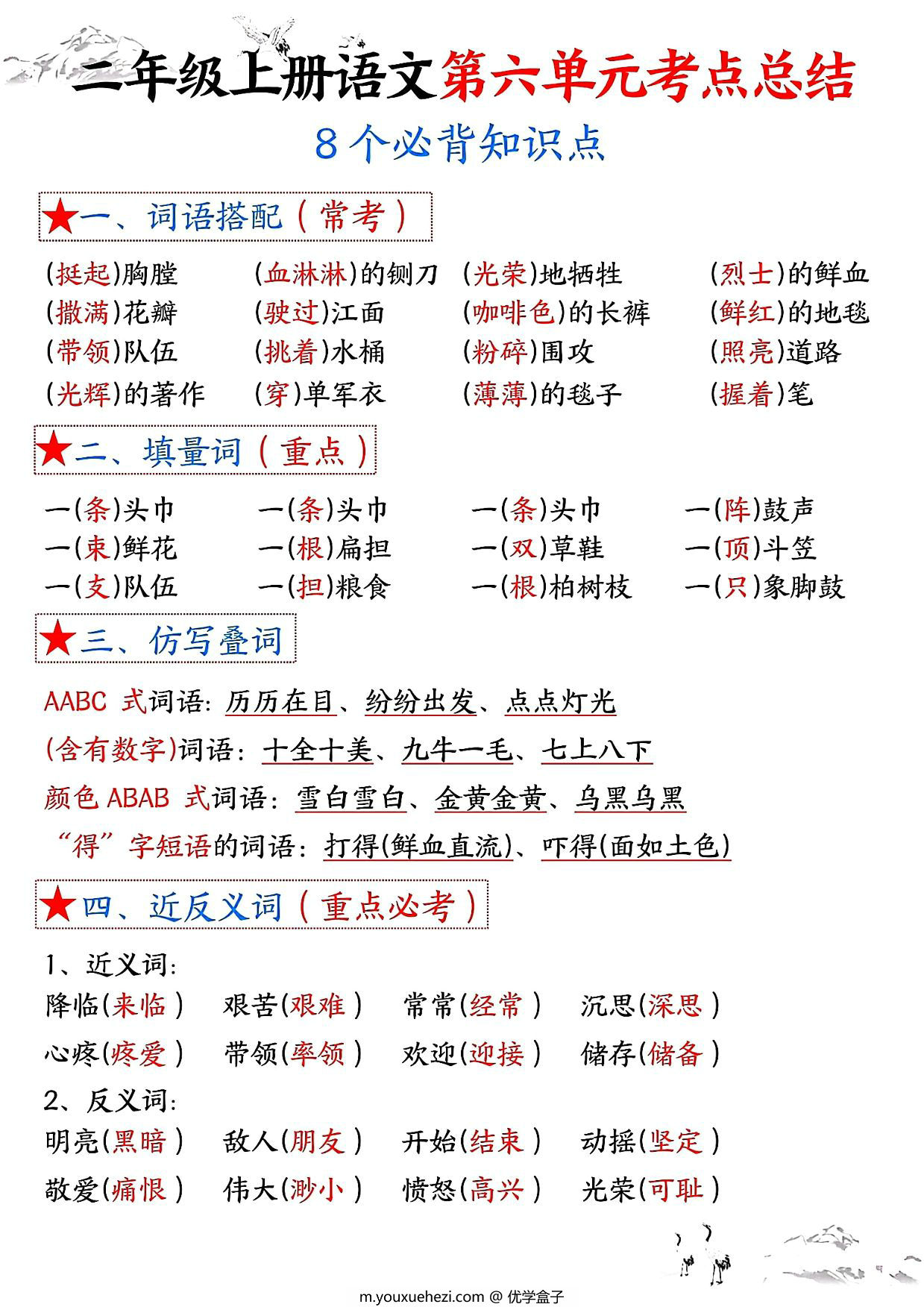 图片[1]-二年级上册语文第六单元考点总结8个必背知识点（含空白版），4页PDF可打印-优学盒子