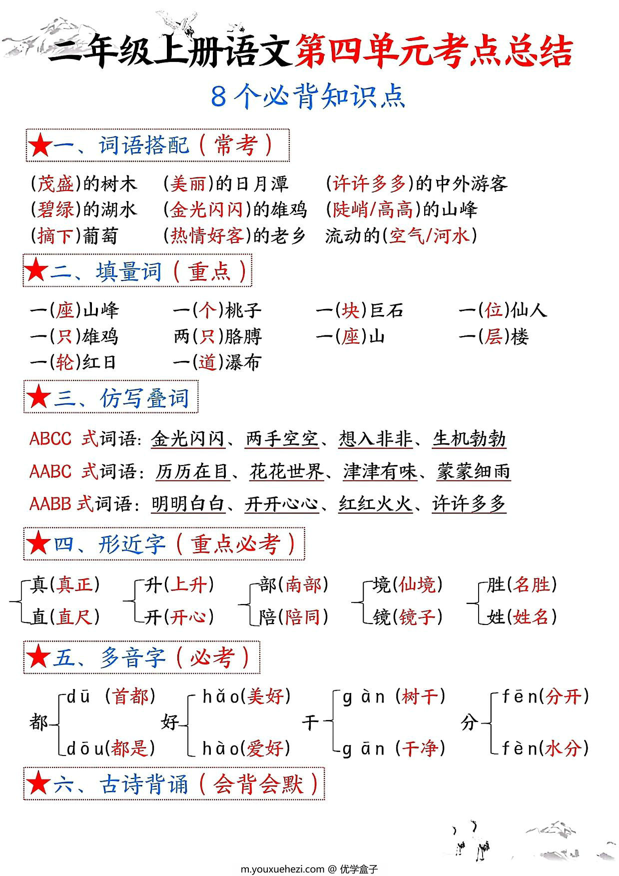 图片[1]-二年级上册语文第四单元考点总结8个必背知识点（含空白版），4页PDF可打印-优学盒子