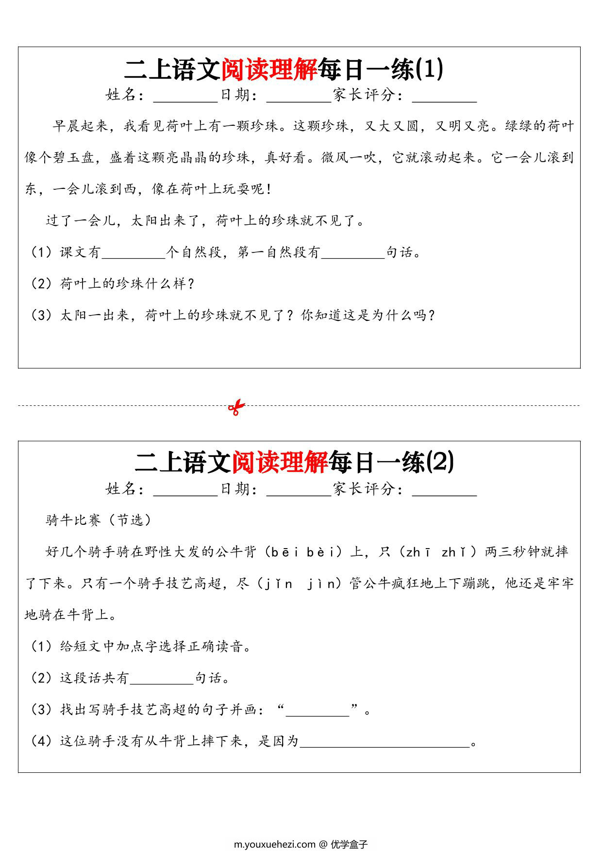 图片[1]-二年级上册语文阅读理解每日一练32天，16页PDF可打印-优学盒子