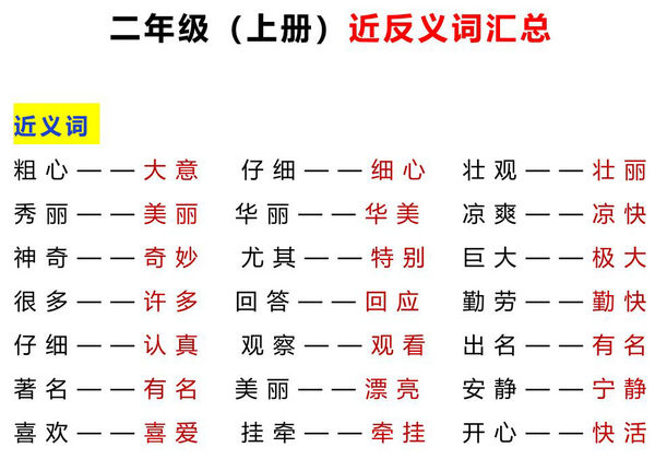 二年级语文上册近反义词汇总+练习，6页PDF电子版-优学盒子