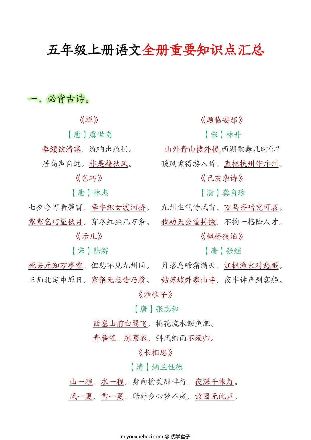 图片[1]-五年级上册语文全册重要知识点汇总，30页PDF可打印-优学盒子