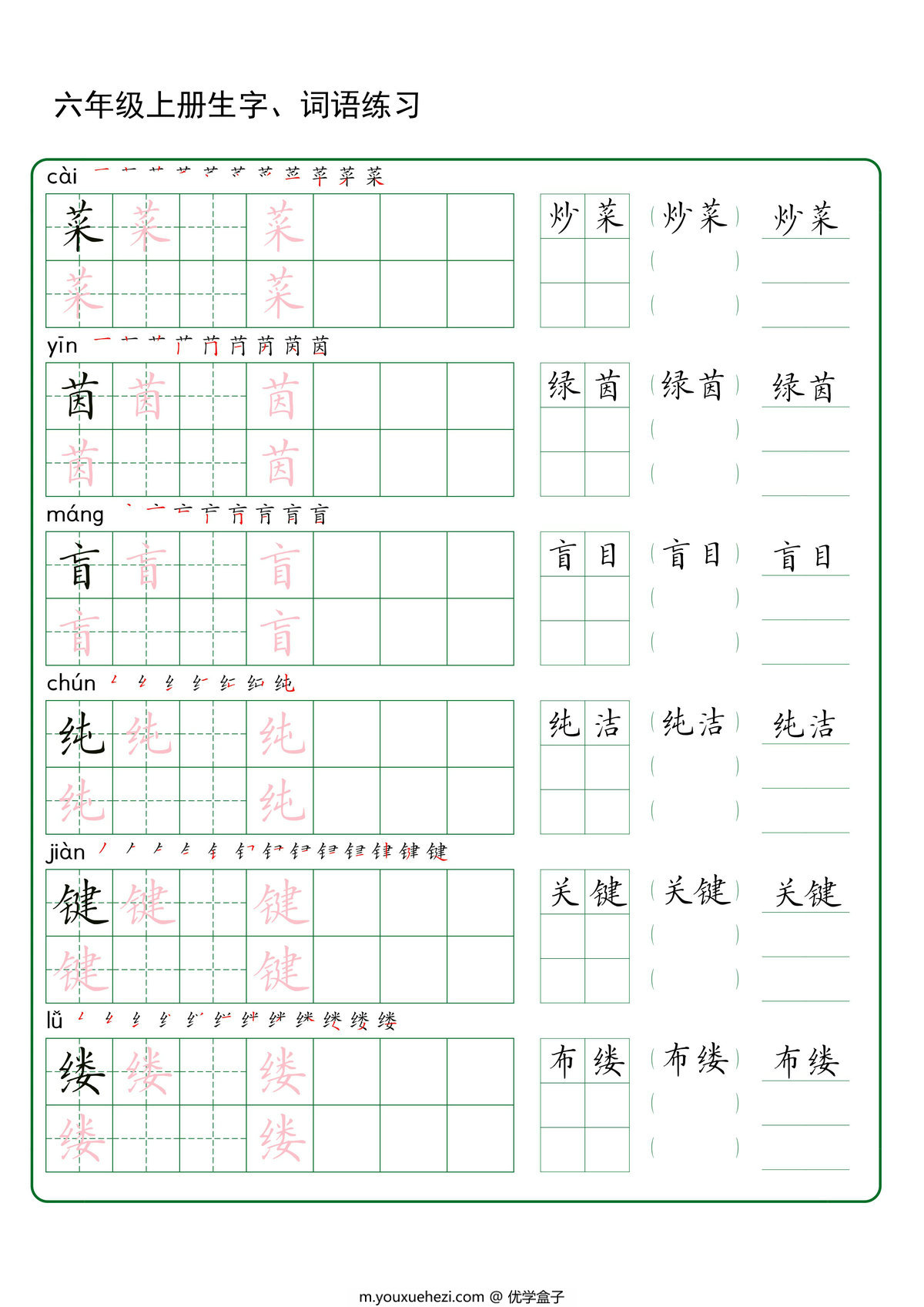 图片[3]-五升六语文暑假预习语文生字+词语练字，30页PDF可打印-优学盒子