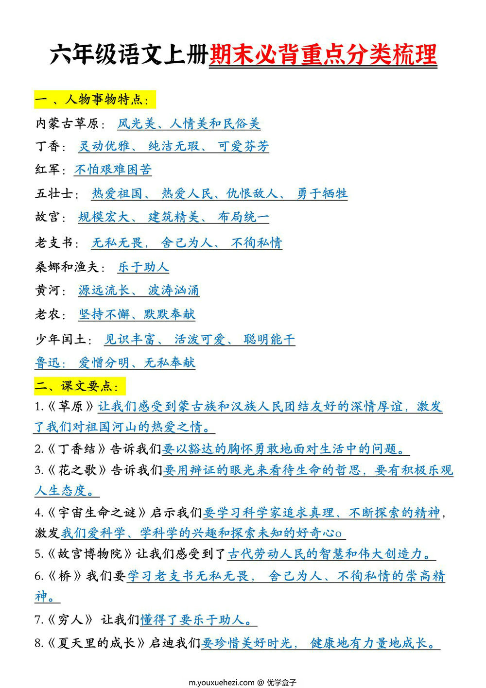 图片[1]-六年级语文上册期末必背重点分类梳理，7页PDF可打印-优学盒子