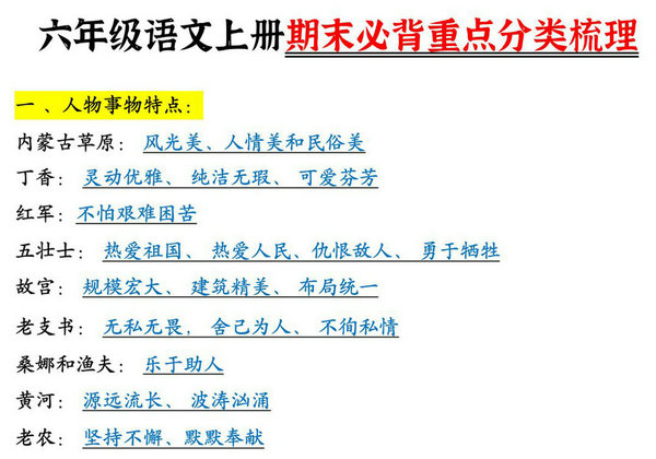 六年级语文上册期末必背重点分类梳理，7页PDF可打印-优学盒子