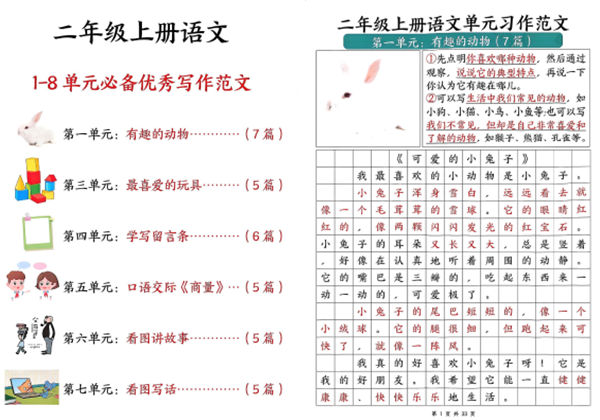 二年级上册语文1-8单元必备优秀写作范文，33页PDF电子版-优学盒子