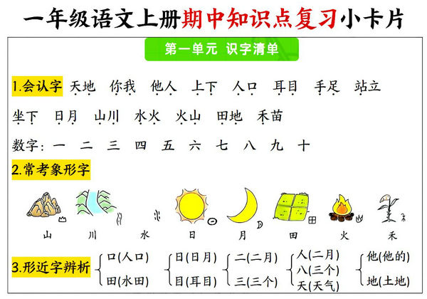 24年秋一年级语文上册1-4单元期中知识点复习小卡片，6页PDF电子版-优学盒子
