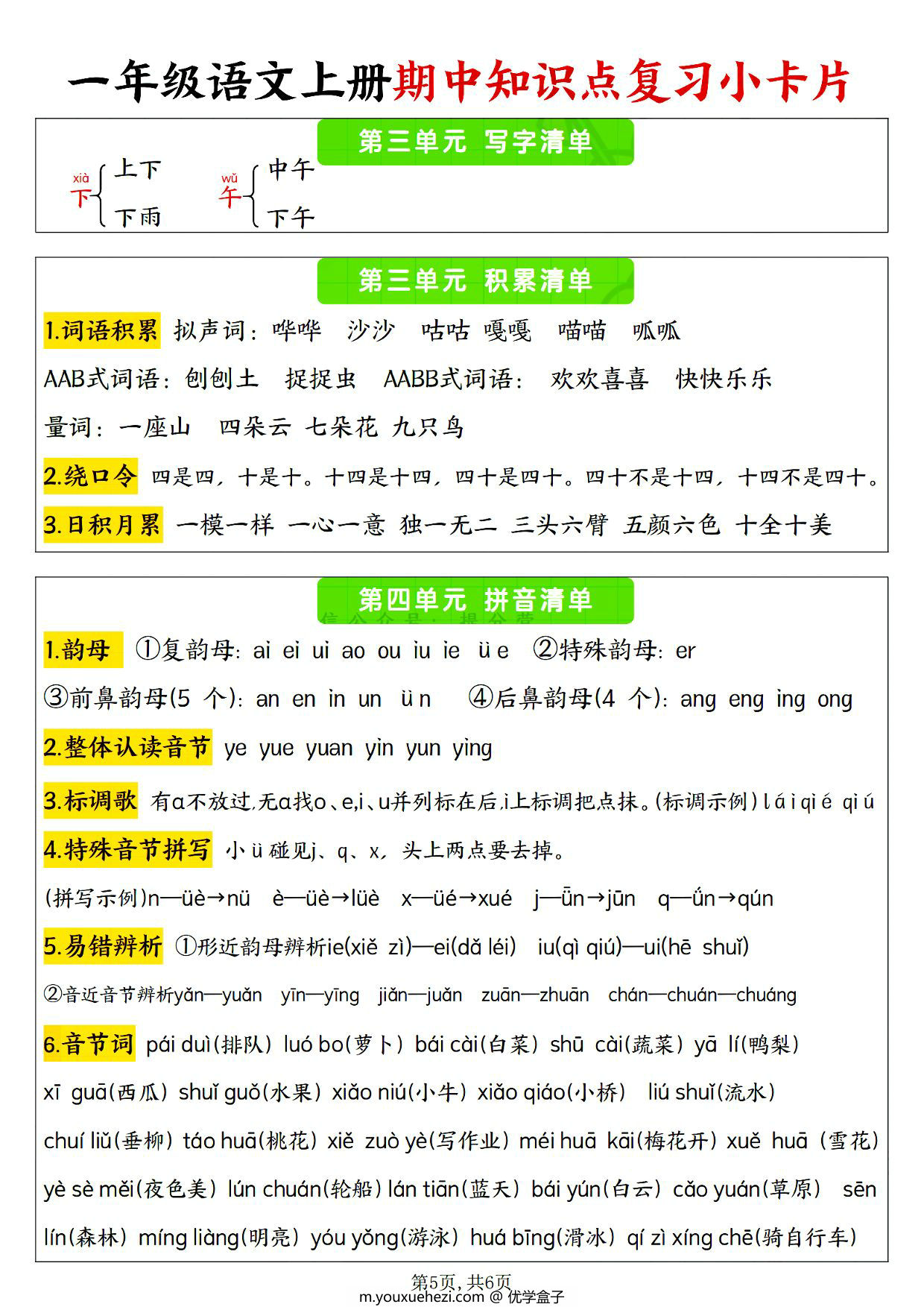 图片[2]-24年秋一年级语文上册1-4单元期中知识点复习小卡片，6页PDF电子版-优学盒子