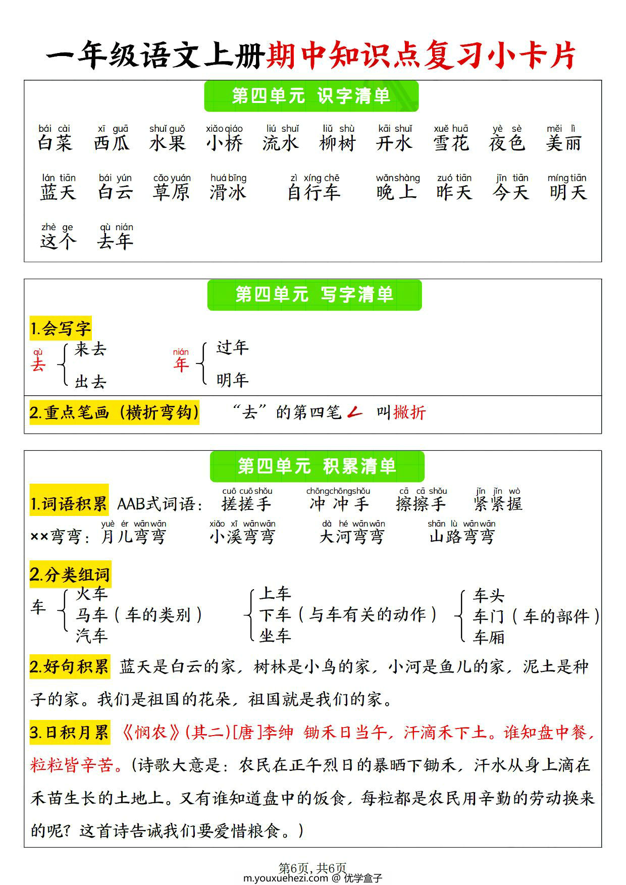 图片[3]-24年秋一年级语文上册1-4单元期中知识点复习小卡片，6页PDF电子版-优学盒子