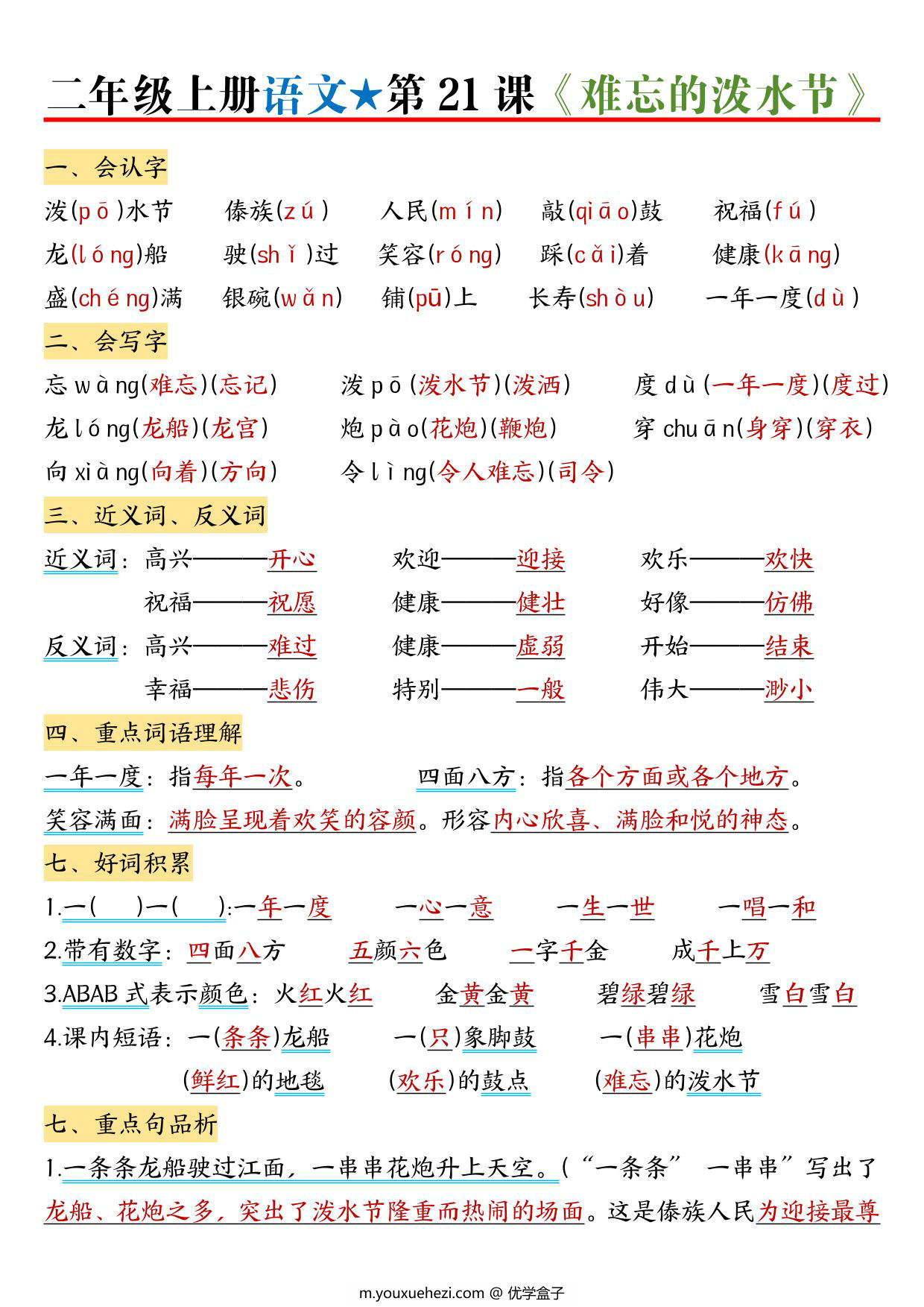图片[3]-二年级上册语文1-6单元（1-22课）每课考点知识总结，39页PDF电子版-优学盒子