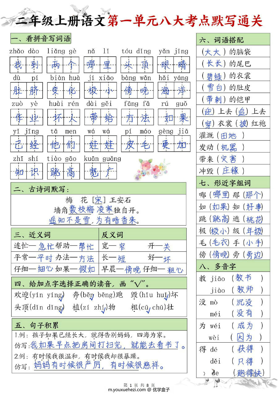 图片[1]-二年级上册语文1-8单元八大考点默写通关，8页PDF可打印-优学盒子