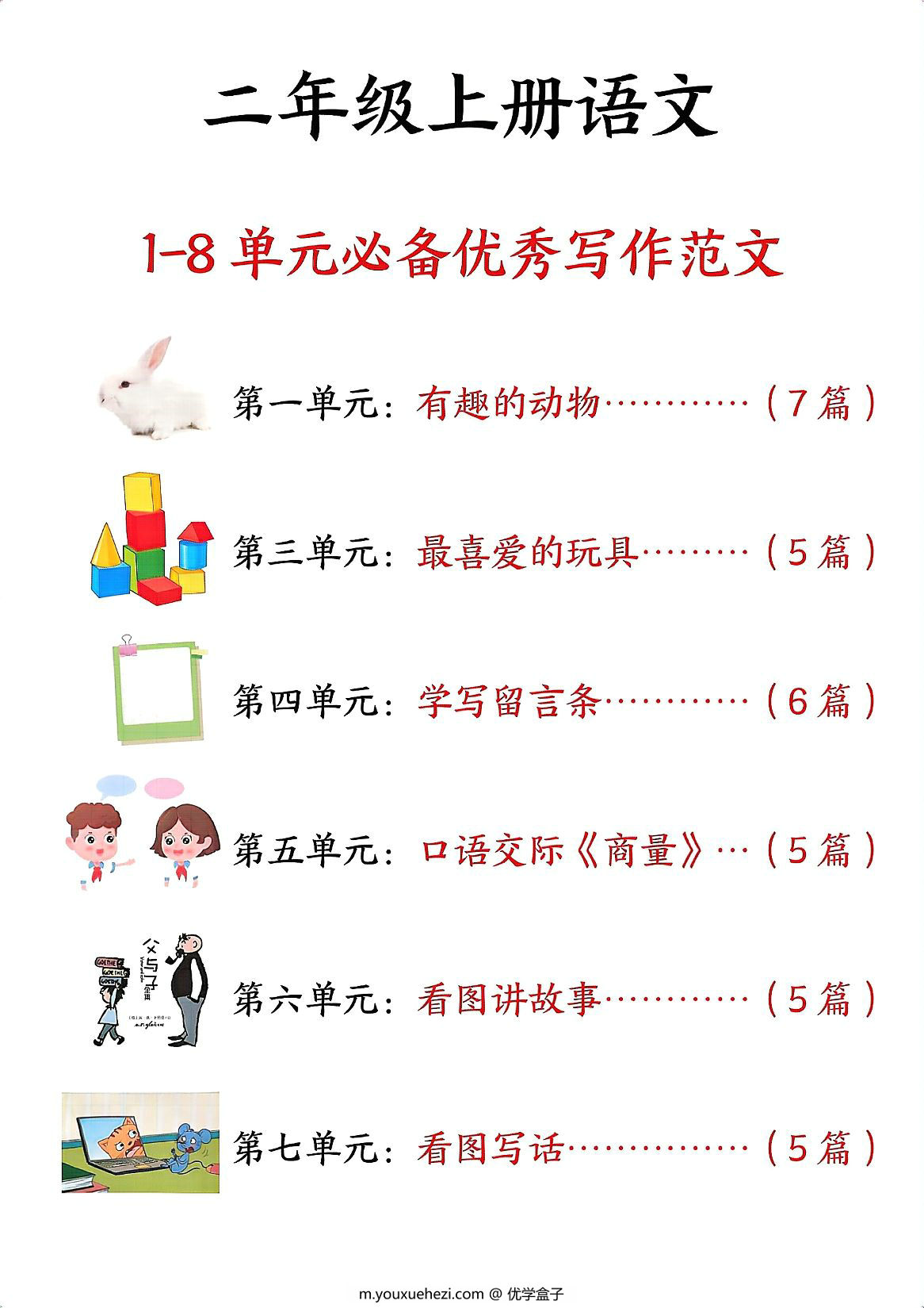 图片[1]-二年级上册语文1-8单元必备优秀写作范文，33页PDF电子版-优学盒子