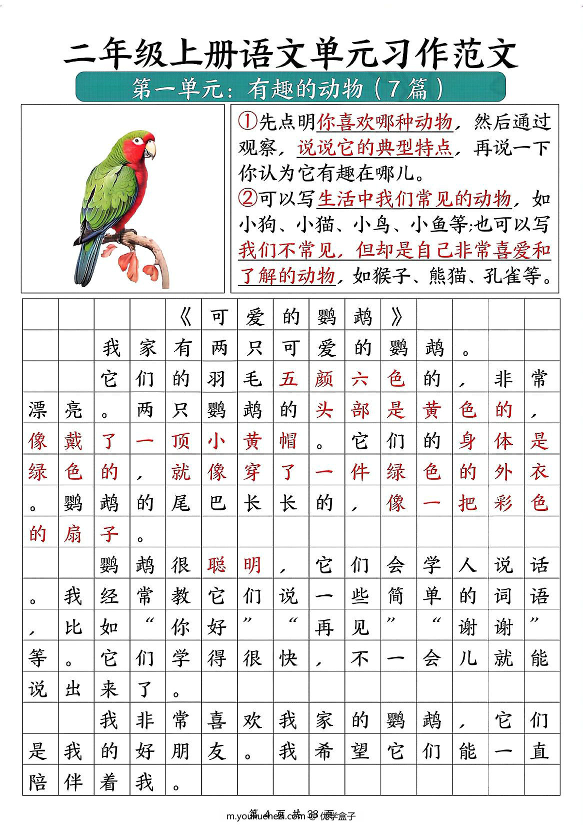 图片[2]-二年级上册语文1-8单元必备优秀写作范文，33页PDF电子版-优学盒子