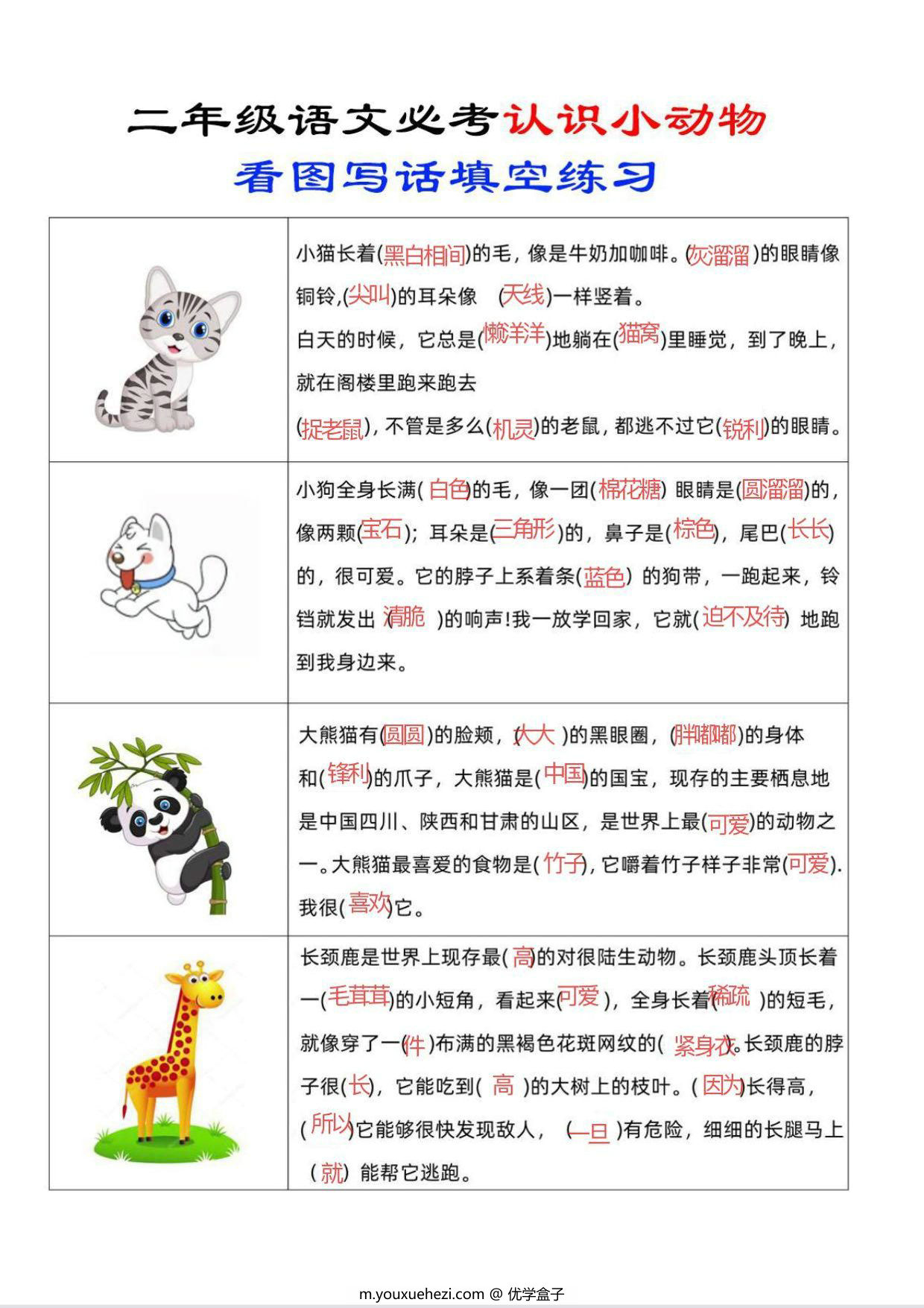 图片[3]-二年级上册语文认识小动物看图写话填空练习，4页PDF电子版-优学盒子