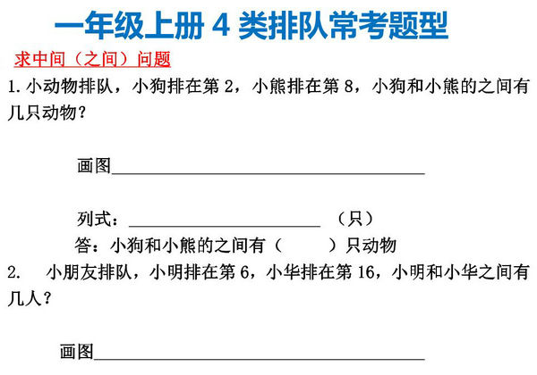 一年级上册数学4类排队常考题型，4页PDF可打印-优学盒子