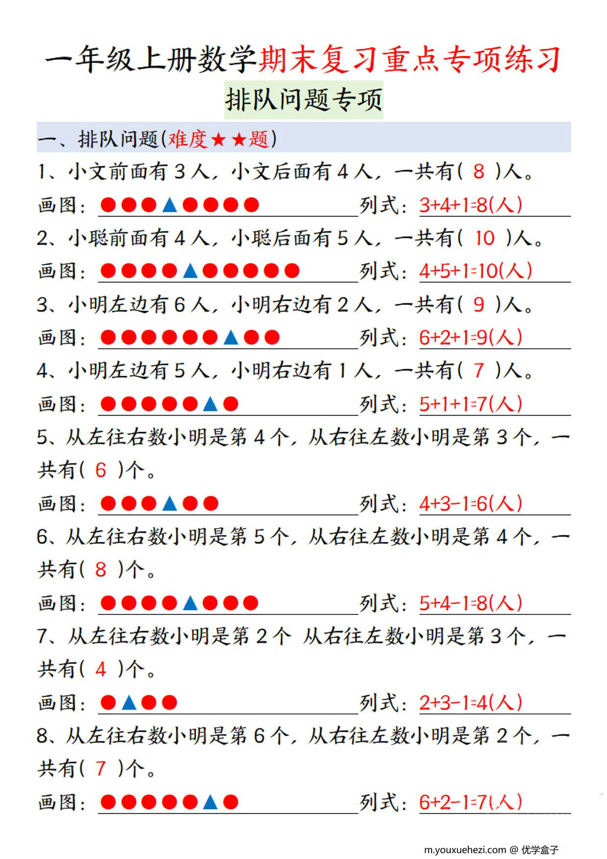 图片[2]-一年级上册数学期末复习重点专项练习：排队问题专项，12页PDF电子版-优学盒子