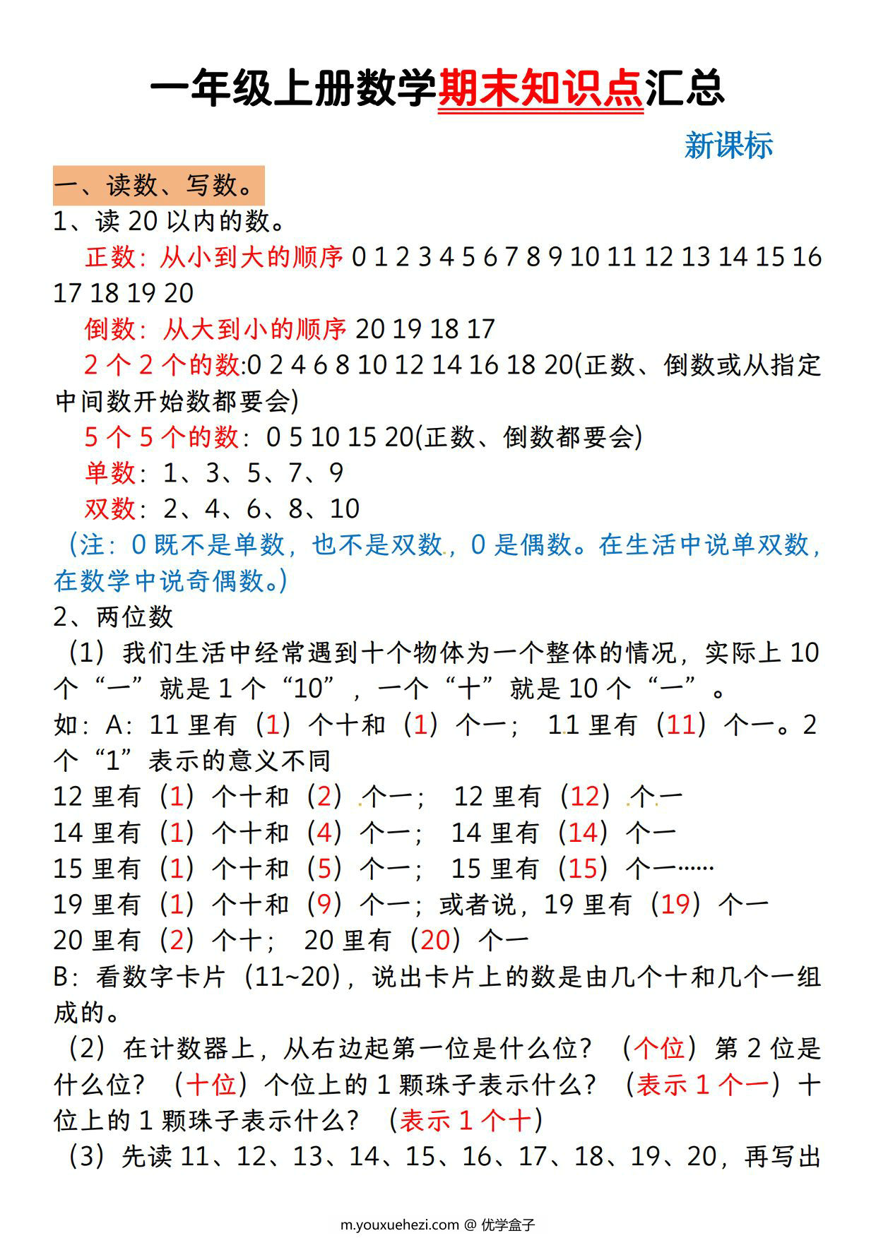 图片[1]-一年级上册数学期末知识点汇总（人教版），5页PDF电子版-优学盒子