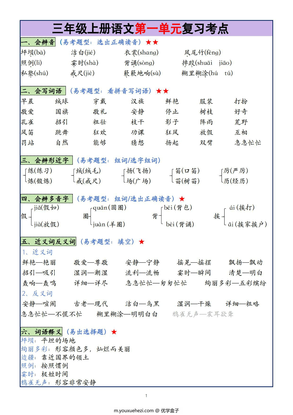 图片[1]-三年级上册语文1-8单元复习考点大总结，25页PDF电子版-优学盒子