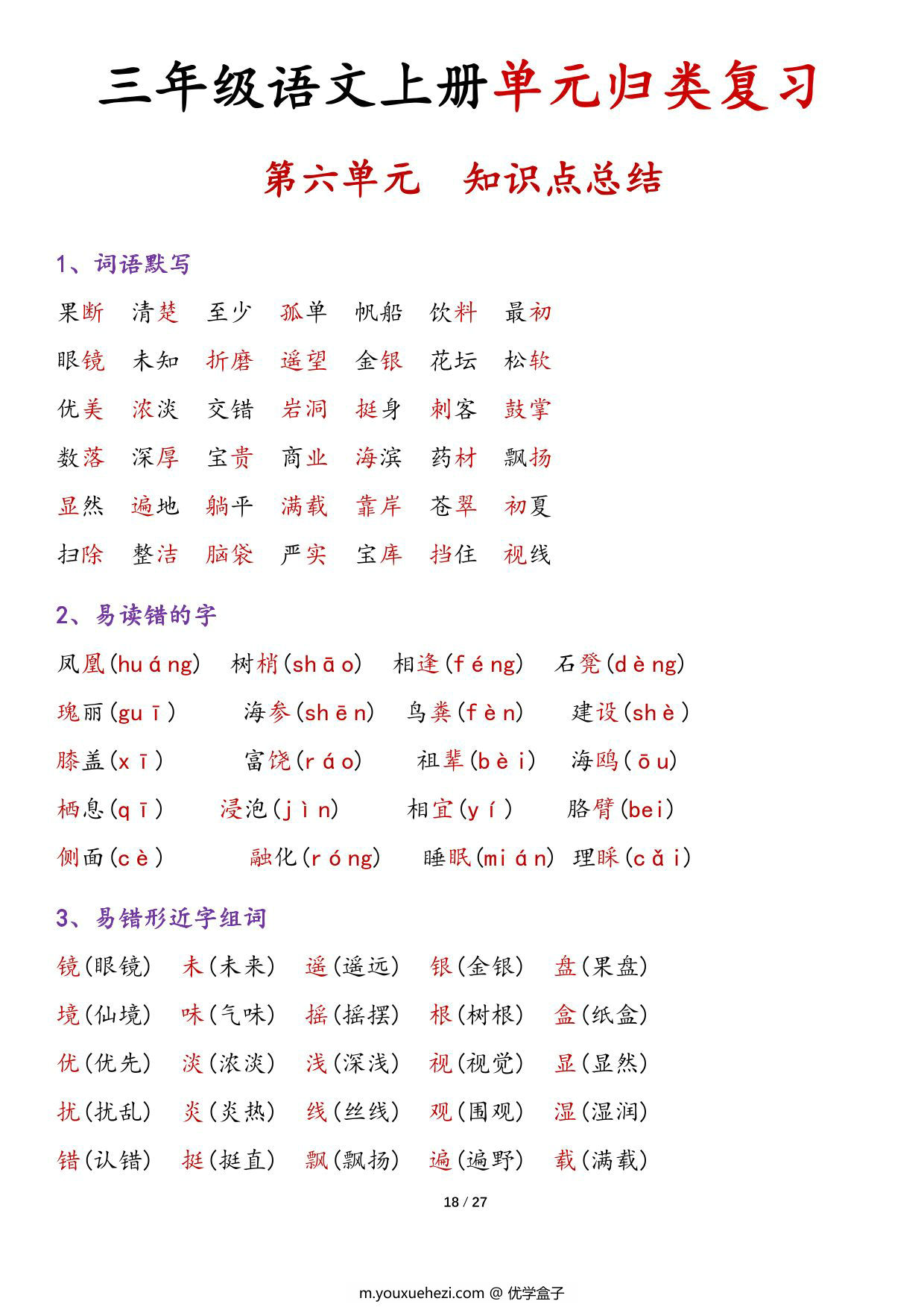 图片[2]-三年级上册语文1-8单元归类复习-知识点总结，27页PDF可打印-优学盒子
