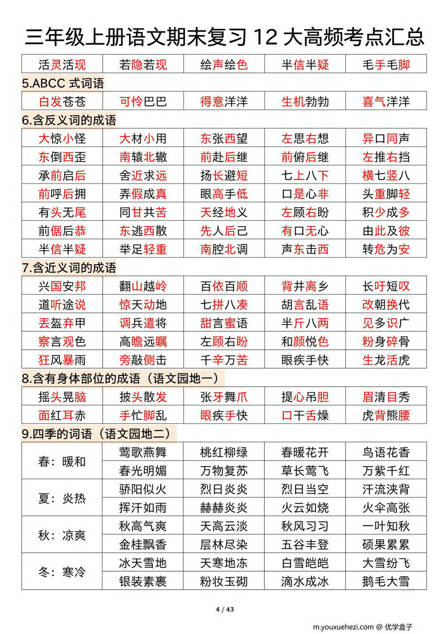 图片[2]-三年级上册语文期末复习12大高频考点汇总，43页PDF电子版-优学盒子