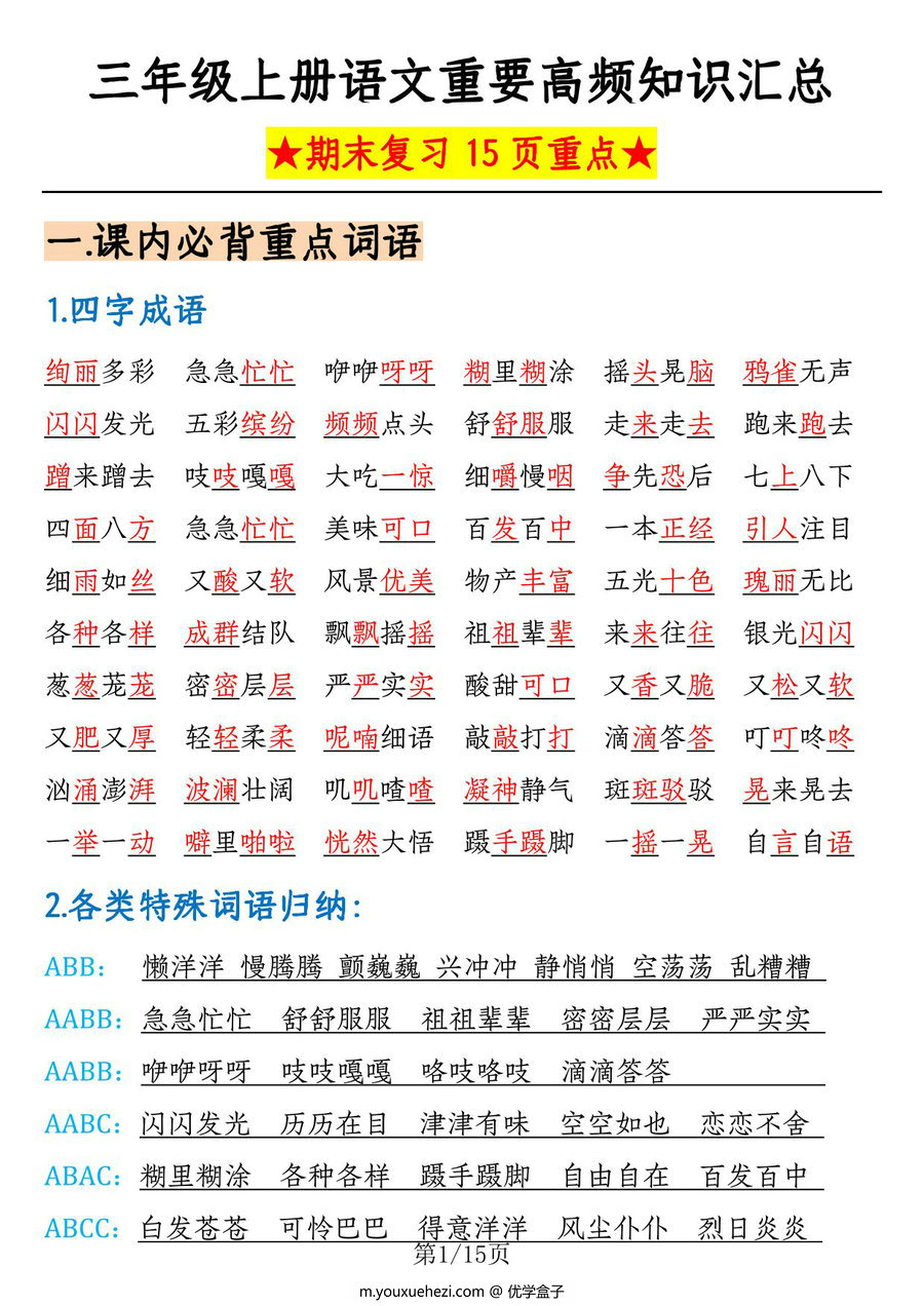 图片[1]-三年级上册语文重要高频知识汇总（期末复习15页重点），PDF电子版-优学盒子