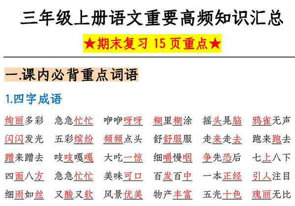 三年级上册语文重要高频知识汇总（期末复习15页重点），PDF电子版-优学盒子