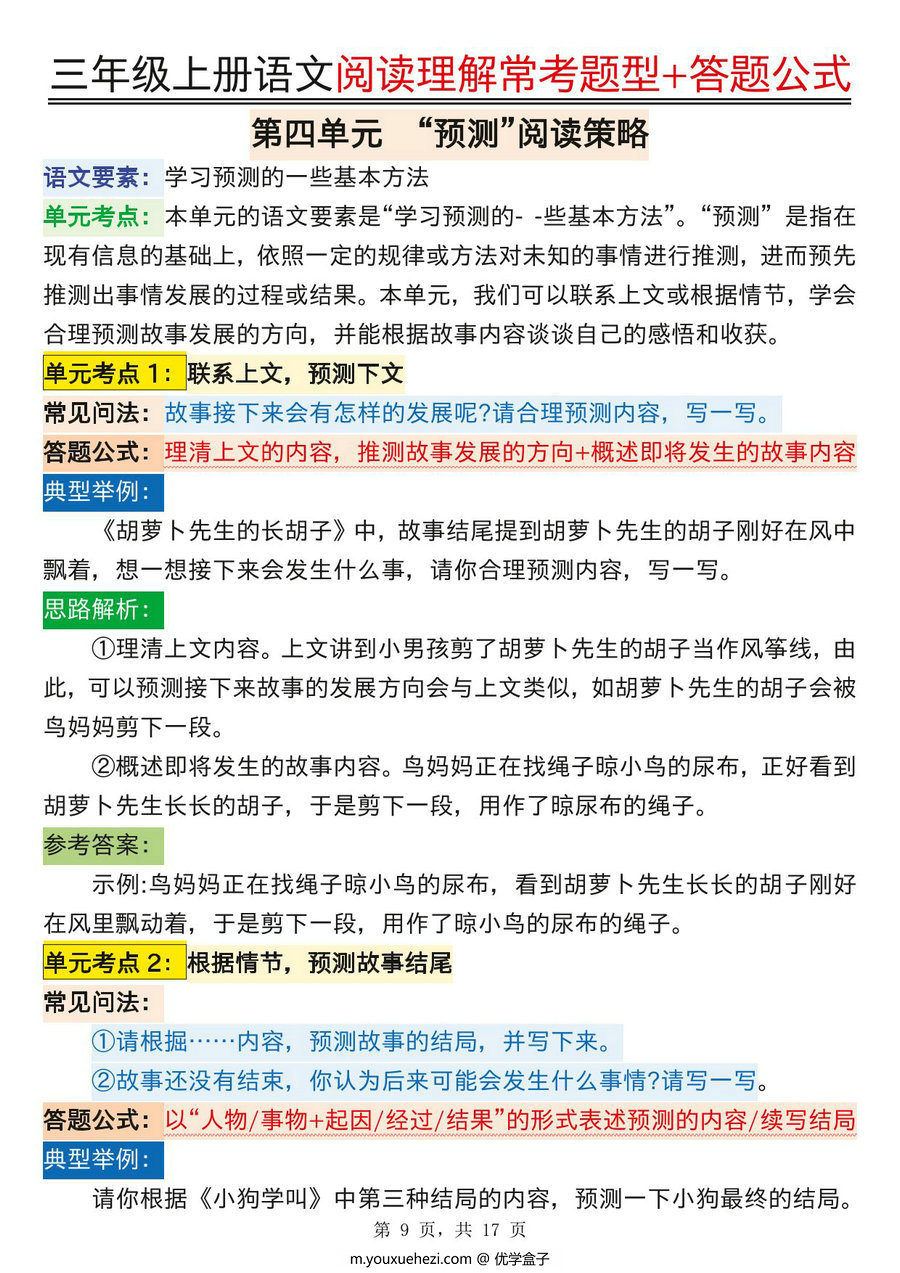 图片[2]-三年级上册语文阅读理解常考题型+答题公式，17页PDF电子版-优学盒子