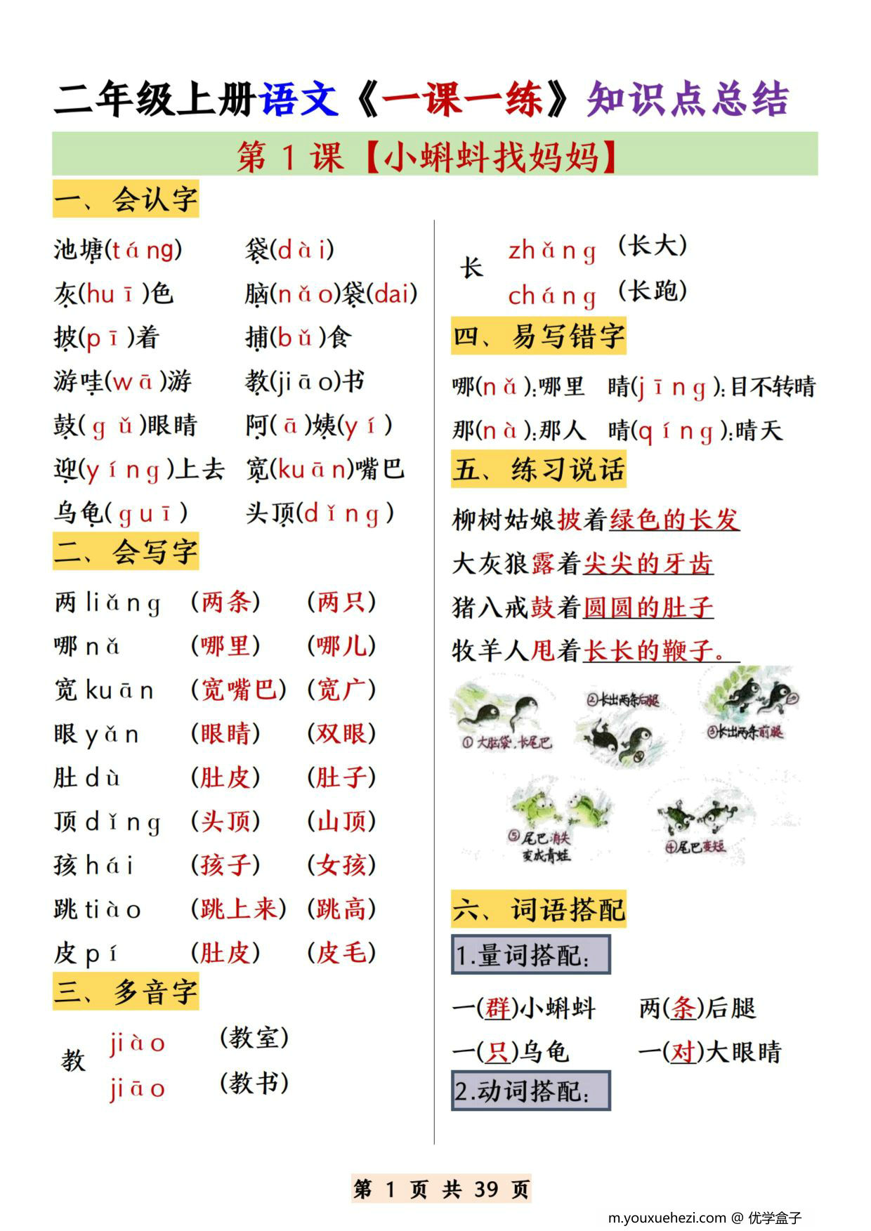 图片[1]-二年级上册语文1-22课《一课一练》知识点总结，39页PDF电子版-优学盒子