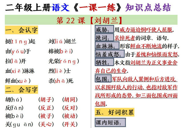 二年级上册语文1-22课《一课一练》知识点总结，39页PDF电子版-优学盒子