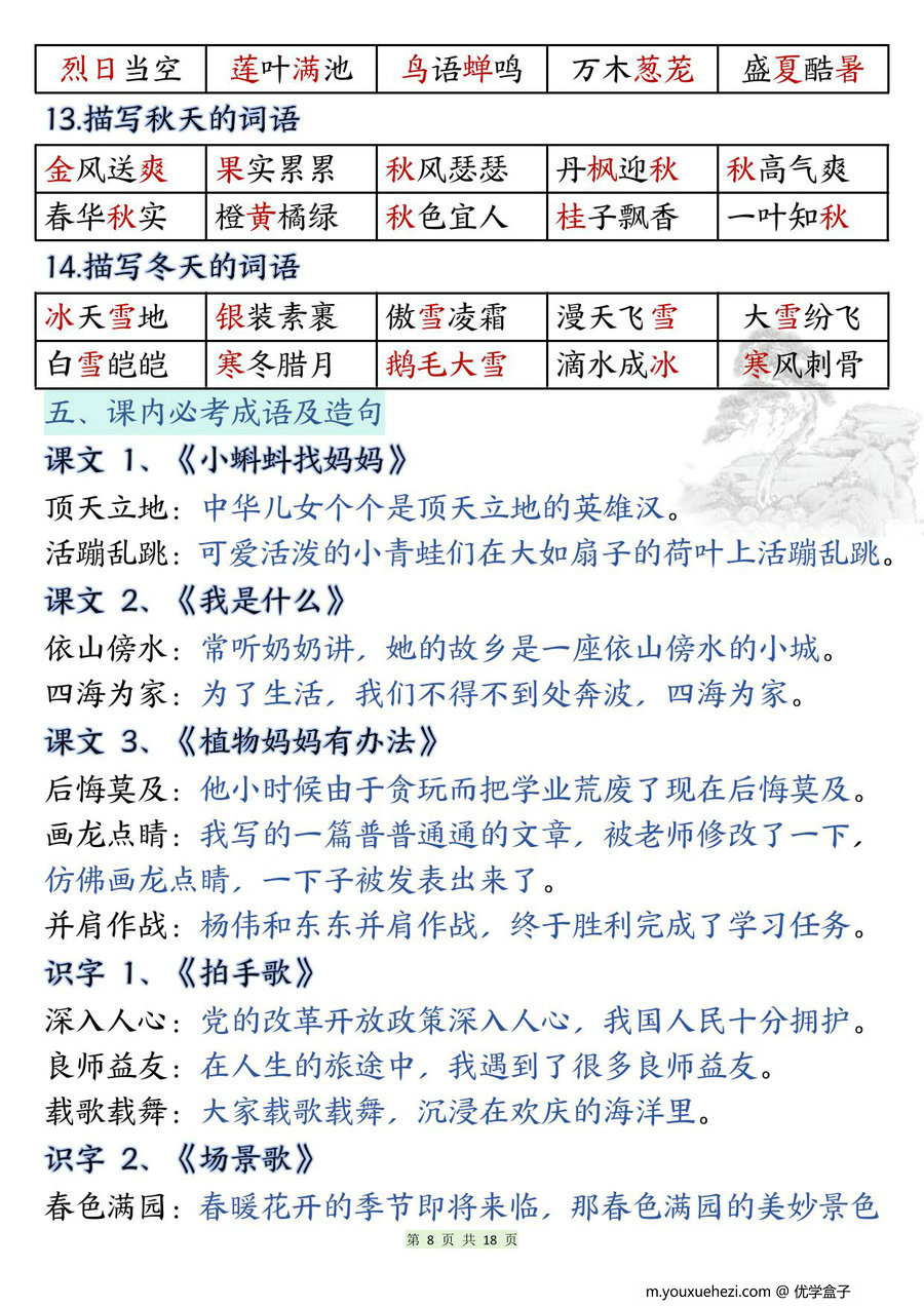 图片[2]-二年级上册语文期末知识点汇总总复习，18页PDF可打印-优学盒子