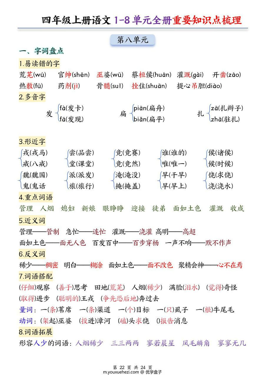 图片[3]-四年级上册语文1-8单元全册重要知识点梳理，24页PDF电子版-优学盒子