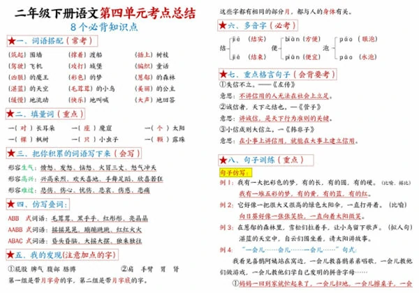 二年级下册语文第四单元考点总结 – 8个必背知识点，6页PDF可打印-优学盒子