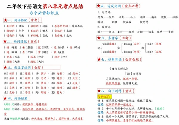 二年级下册语文第八单元考点总结 – 8个必背知识点，4页PDF可打印-优学盒子