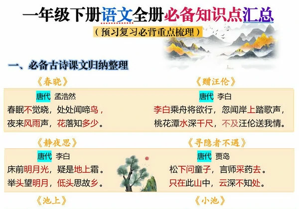 [修正]一年级下册语文全册必背知识点汇总（预习复习必背重点梳理），10页PDF可打印-优学盒子