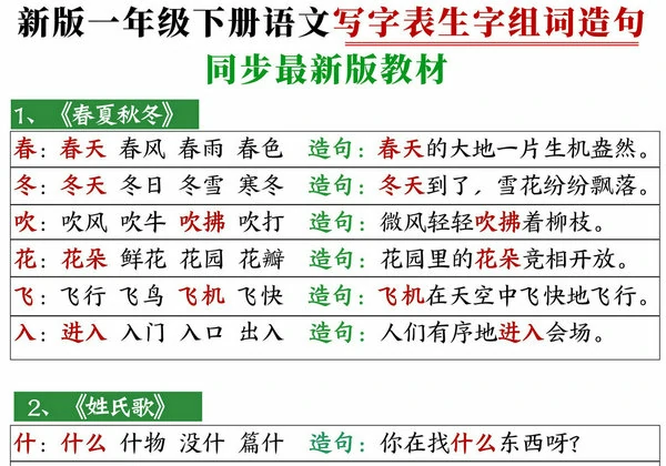 2025一年级下册语文写字表生字组词造句，12页PDF电子版-优学盒子