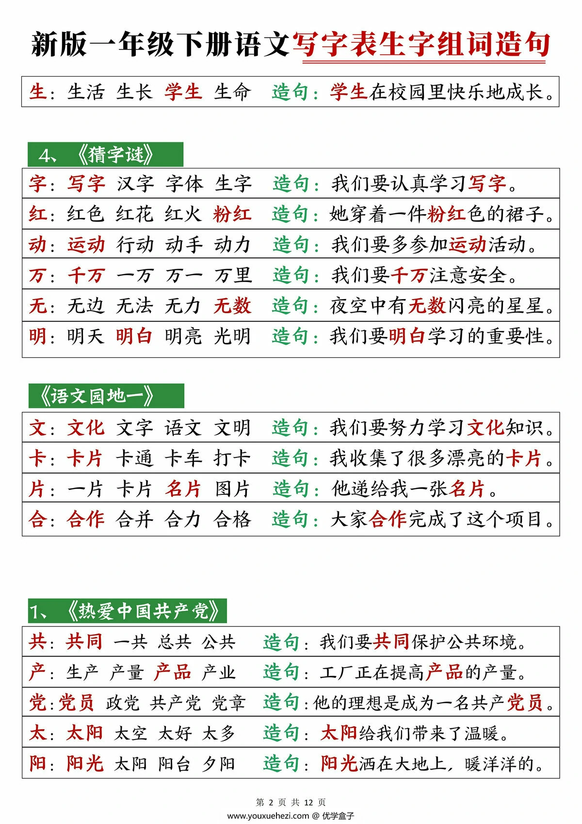 图片[2]-2025一年级下册语文写字表生字组词造句，12页PDF电子版-优学盒子