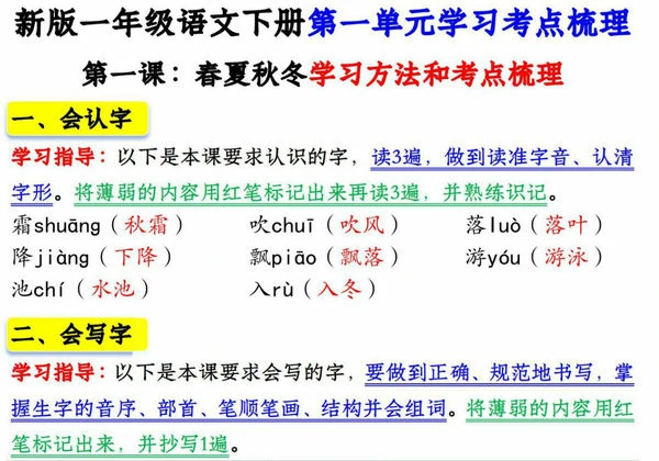 一年级下册语文第一单元学习考点梳理，16页PDF可打印-优学盒子