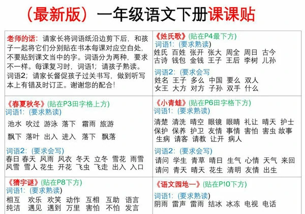 一年级下册语文课课贴（样式二），4页PDF可打印-优学盒子
