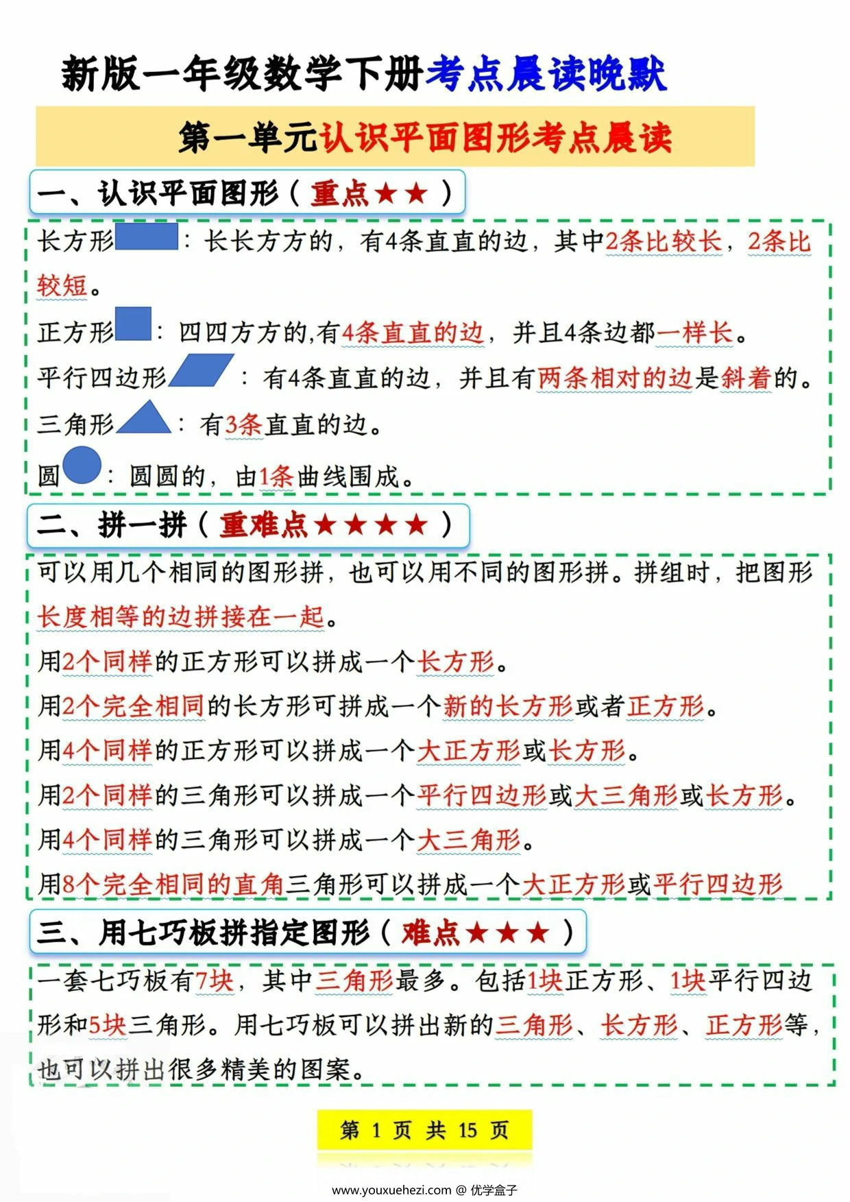 图片[1]-一年级数学下册考点晨读晚默，15页PDF电子版-优学盒子