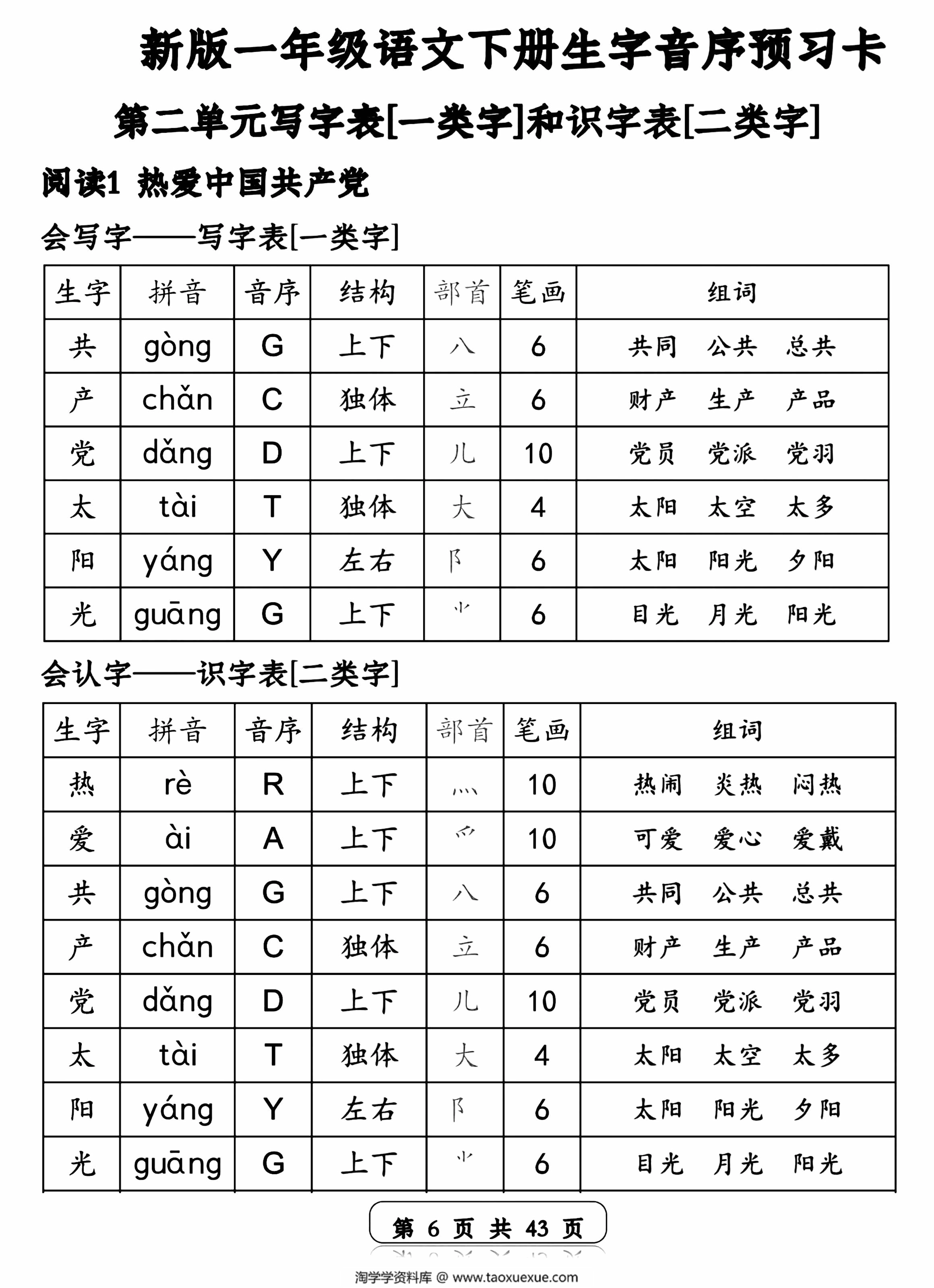 图片[2]-一年级语文下册生字音序预习卡(写字表一类字+识字表二类字)，43页PDF电子版-优学盒子